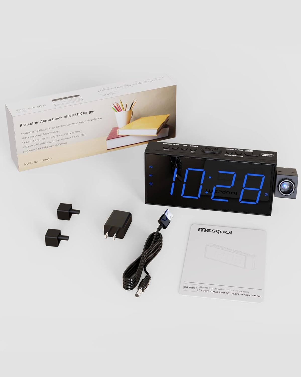 Digital Projection Alarm Clocks for Bedrooms - Large LED Display, 180Β° Rotatable Projector, 5-Level Dimmer,Usb Charger,Battery Backup,Loud Dual Alarms for Kids Elderly,Heavy Sleepers,Snooze,12/24H,Dst