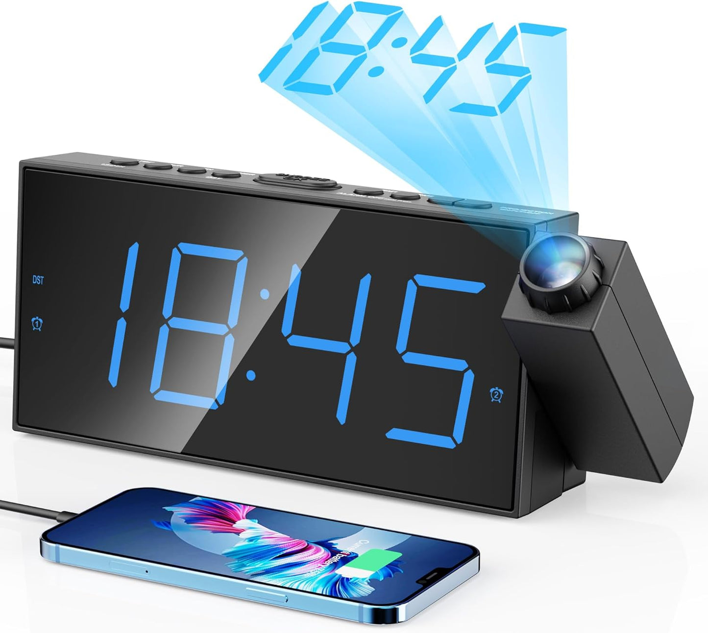 Digital Projection Alarm Clocks for Bedrooms - Large LED Display, 180Β° Rotatable Projector, 5-Level Dimmer,Usb Charger,Battery Backup,Loud Dual Alarms for Kids Elderly,Heavy Sleepers,Snooze,12/24H,Dst