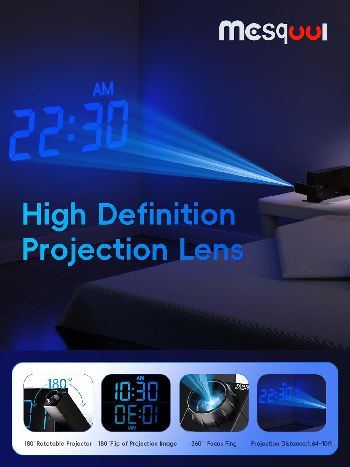 Digital Projection Alarm Clocks for Bedrooms - Large LED Display, 180° Rotatable Projector, 5-Level Dimmer,Usb Charger,Battery Backup,Loud Dual Alarms for Kids Elderly,Heavy Sleepers,Snooze,12/24H,Dst