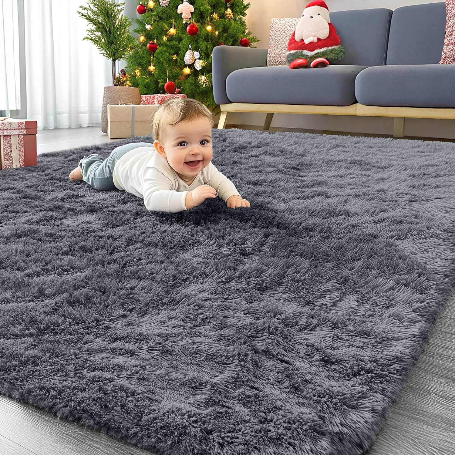 Machine Washable 4x5.9ft Soft Shaggy Area Rug, Grey, for Living Room, Bedroom, Nursery, Kids' Rooms